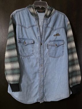 Vintage Easyriders Blue Denim Shirt Jacket Plaid Knit Sleeves Size M Unisex